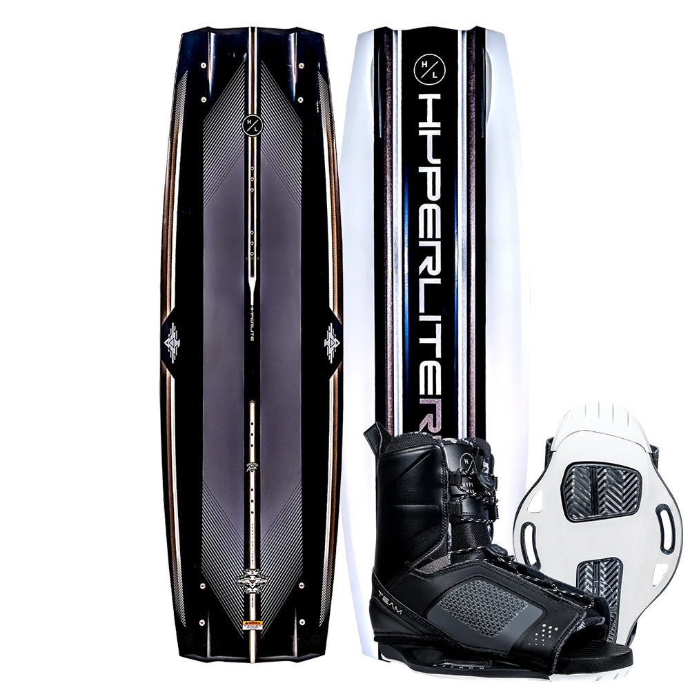 Introducing the Hyperlite 2025 Rusty Pro Wakeboard paired with Team OT Bindings, enhanced by a fashionable white and black traction pad and the accuracy of SS Beam Fins.