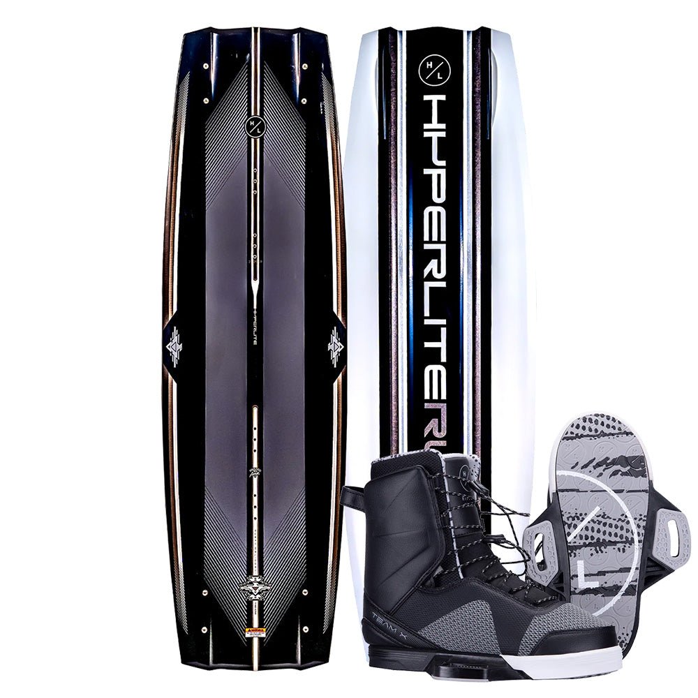 The Hyperlite 2025 Rusty Pro Wakeboard with Team X Bindings showcases a sleek black design and Hyperlite branding, enhanced by the advanced Fusion Plate System for improved performance.