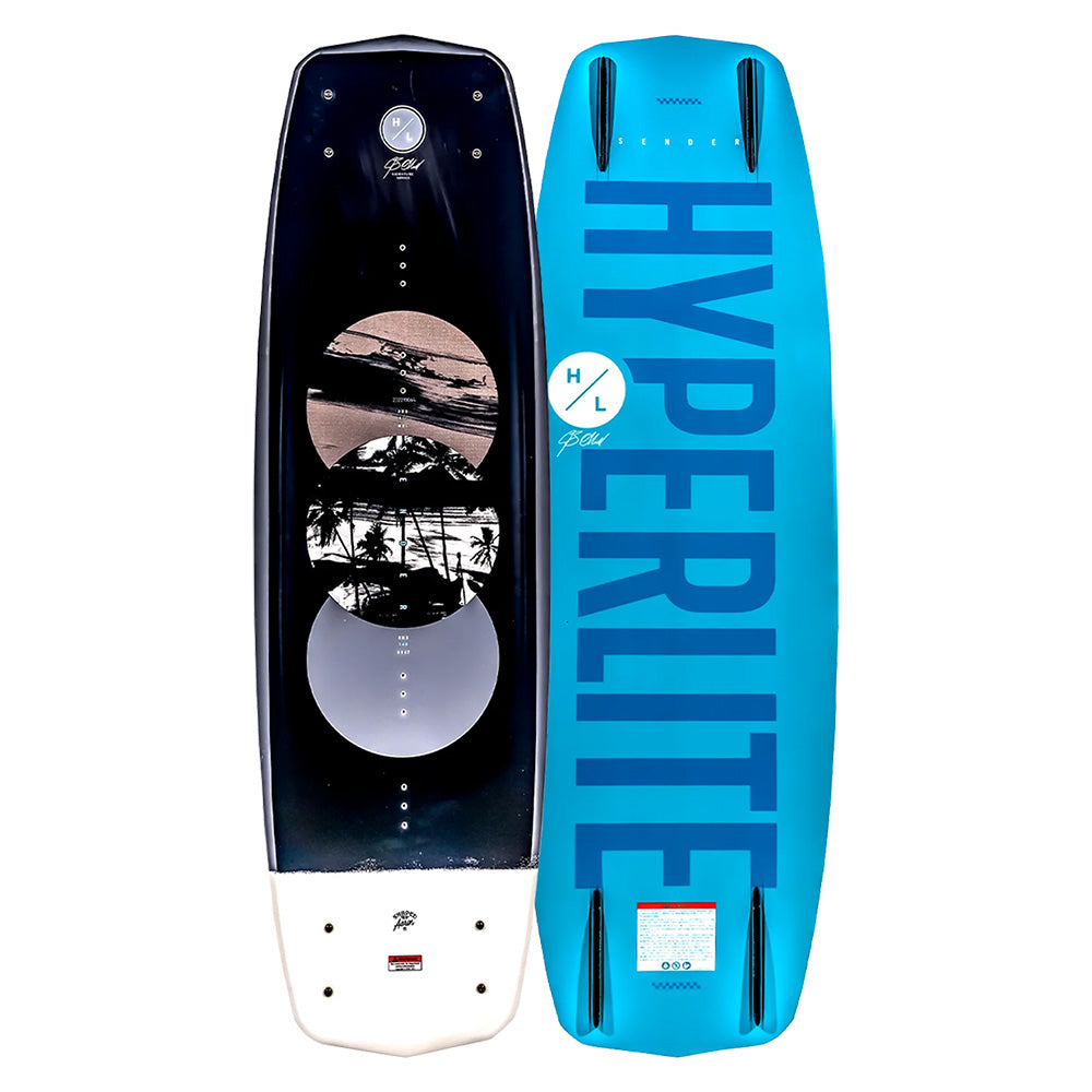 Two wakeboards side by side; one with a blue and black design featuring circular graphics and a Dual Concave Base, the other is the Hyperlite 2025 Sender Wakeboard in solid blue with HYPERLITE printed in large letters, showcasing a 3-Stage Rocker for enhanced performance.