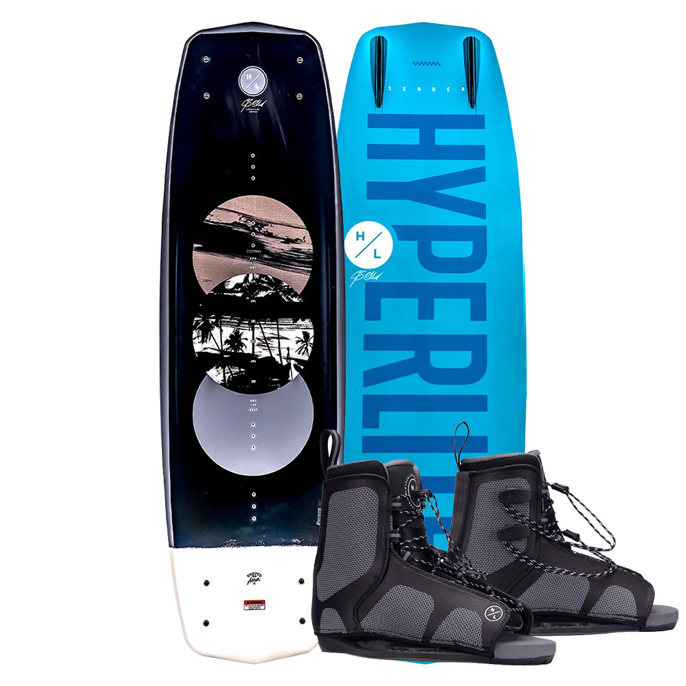 Introducing the Hyperlite 2025 Sender Wakeboard with Remix Bindings, featuring a stunning tropical design. Its blue and black surface highlights palm trees in circular graphics on the black section, while the 3-Stage Rocker delivers an exhilarating experience on the water.