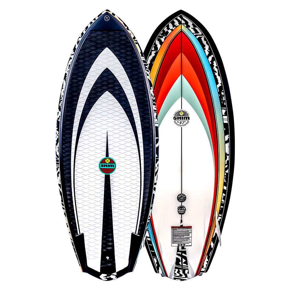 The Hyperlite 2025 Shim Wakesurf Board by Hyperlite exemplifies intricate designs with DuraShell Construction; one variant displays black and white patterns, while another features colorful stripes in a sleek crossover style.