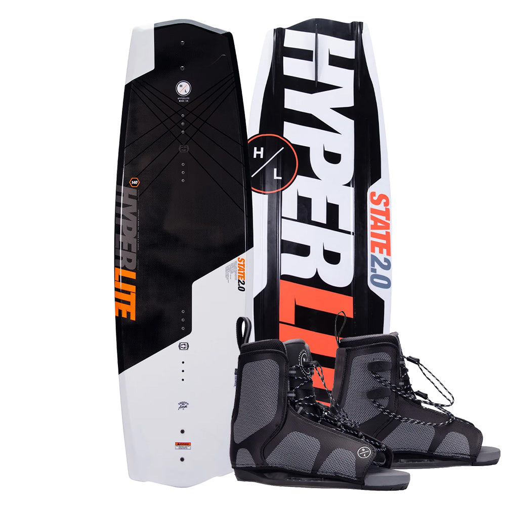 Hyperlite 2025 State Jr Wakeboard set includes a black and white board with an asymmetrical design accented with red and orange, paired with black and gray Remix bindings.