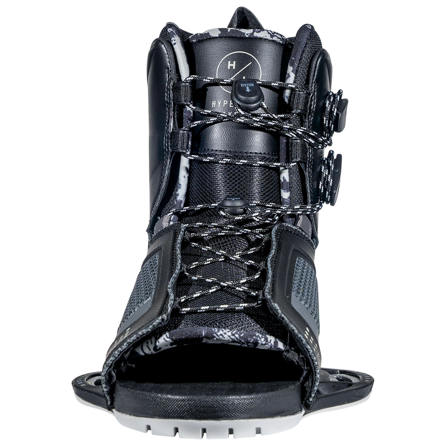 Front view of the Hyperlite Team OT Bindings in black and gray, showcasing a lace-up design with Velcro straps, textured sole, and heel support; ideal for pairing with the Hyperlite 2025 Murray Pro Wakeboard.