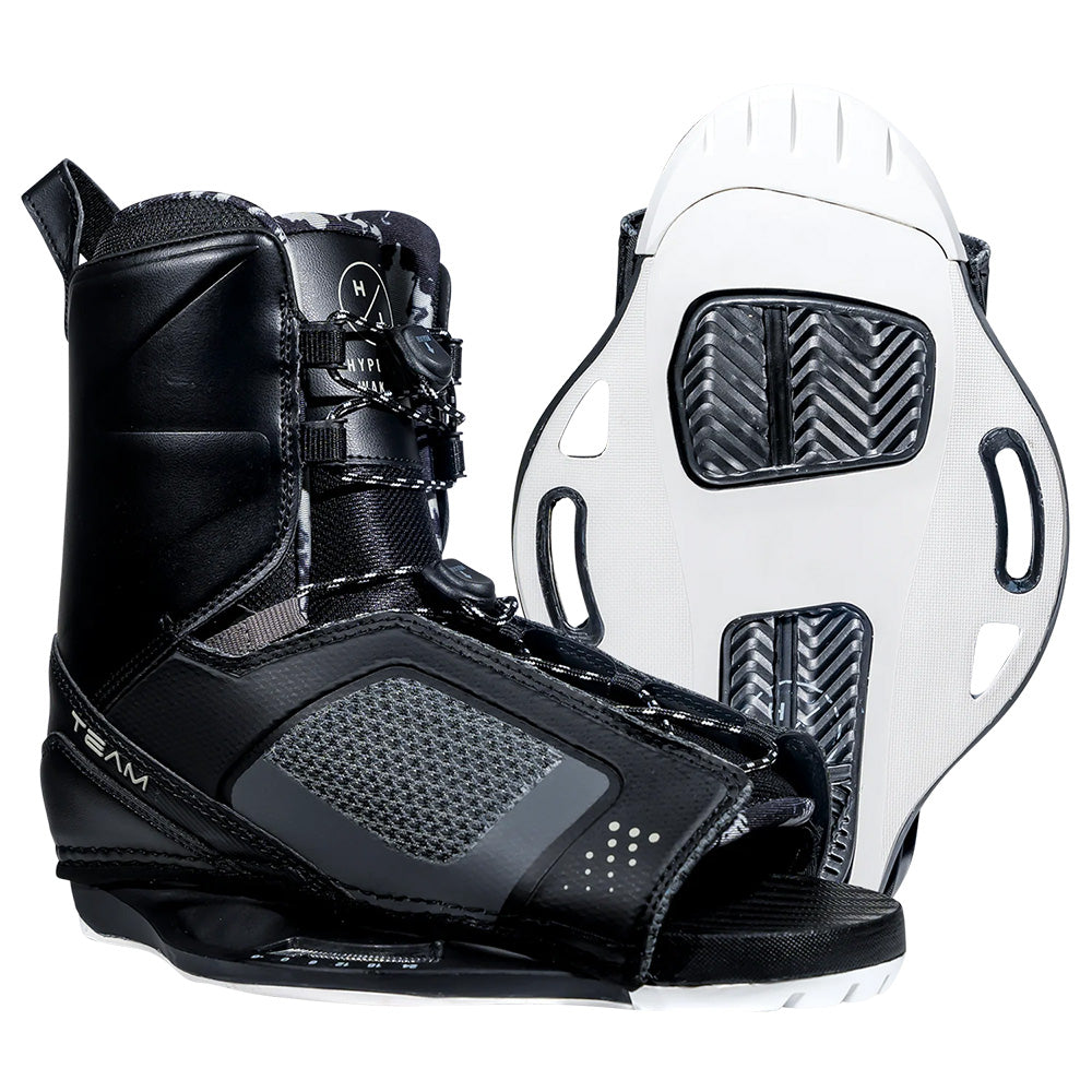 The Hyperlite 2025 Murray Pro Wakeboard paired with the Team OT Bindings, featuring black design with white accents, adjustable straps, and sturdy soles, offers an ideal combination for exhilarating water sports adventures.