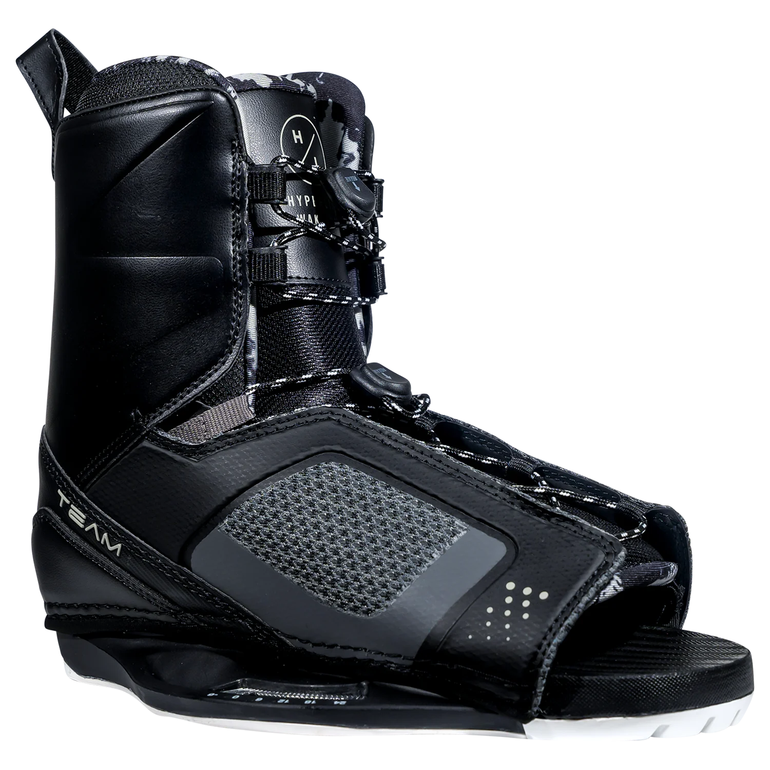 The Hyperlite 2025 Murray Pro Wakeboard with Team OT Bindings features a stylish black and gray knee-high design with an open toe. It is enhanced by textured grip panels for superior hold, while the straps display the Hyperlite logo, combining style and functionality for any wakeboarding adventure.