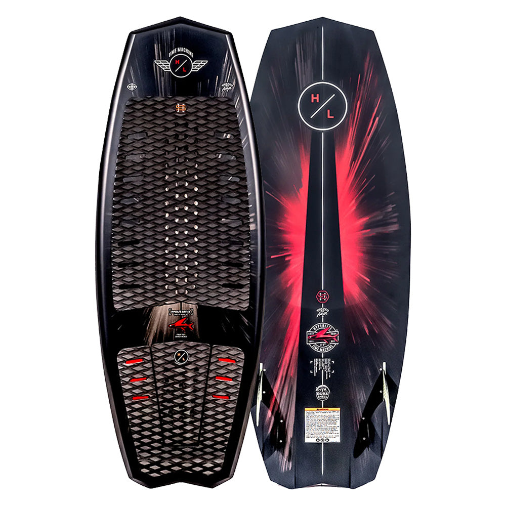 The display features two Hyperlite 2025 Time Machine Wakesurf Boards: one highlighting the textured deck side and the other displaying its graphic design side with a red and black pattern, embodying a surf style shape.