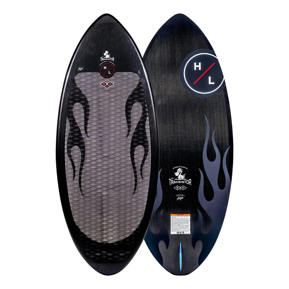 The Hyperlite 2025 Transistor Wakesurf Board features a textured gray surface with eye-catching black flame graphics and highlights a logo with "HL" inside a circle. Its Nova Core woven carbon construction enhances both durability and performance.