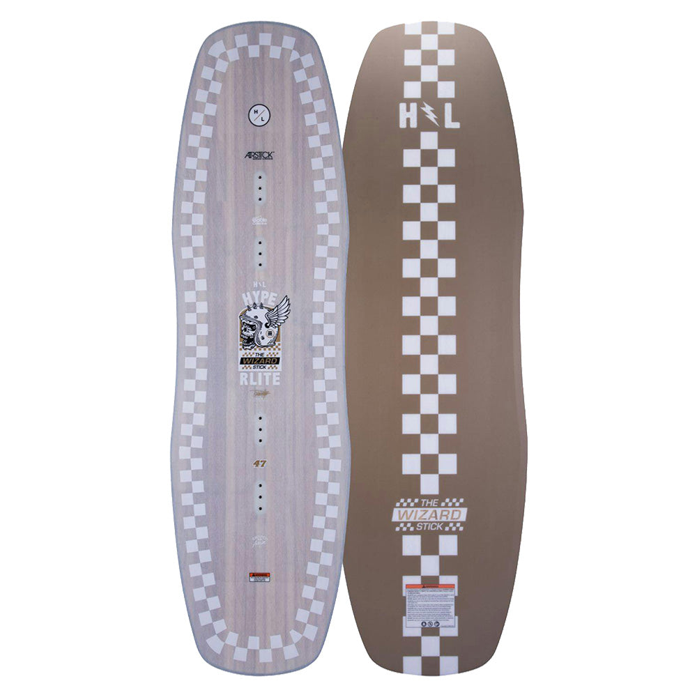 Two skateboard decks with checkered patterns: one in gray featuring an eagle graphic labeled RLITE, and another in tan showcasing the Hyperlite 2025 Wizardstick Wakeboard design. Ideal for those looking to channel their inner Trever Maur on the ramps.