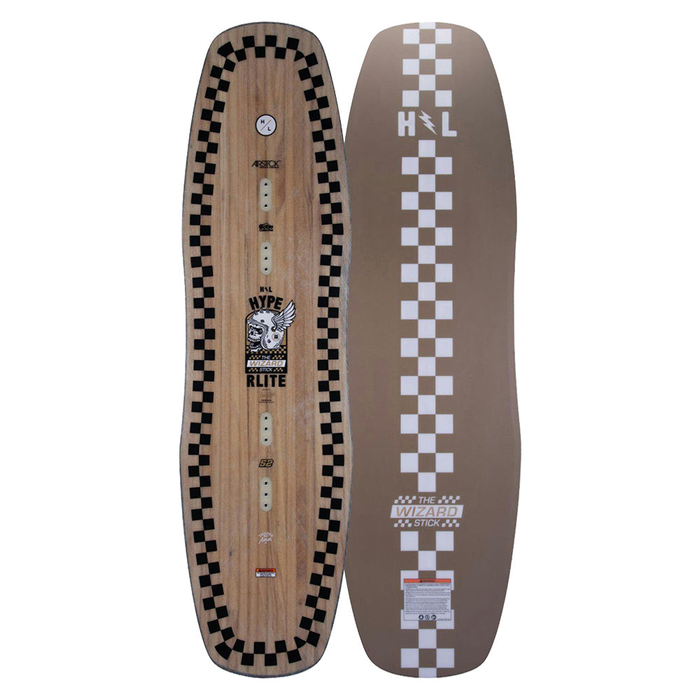 Two views of the Hyperlite 2025 Wizardstick Wakeboard. One side showcases a wooden design adorned with graphics and text, while the other features a brown pattern with checkered stripes and H Y P E branding, capturing the signature style of Trever Maur for Hyperlite enthusiasts.