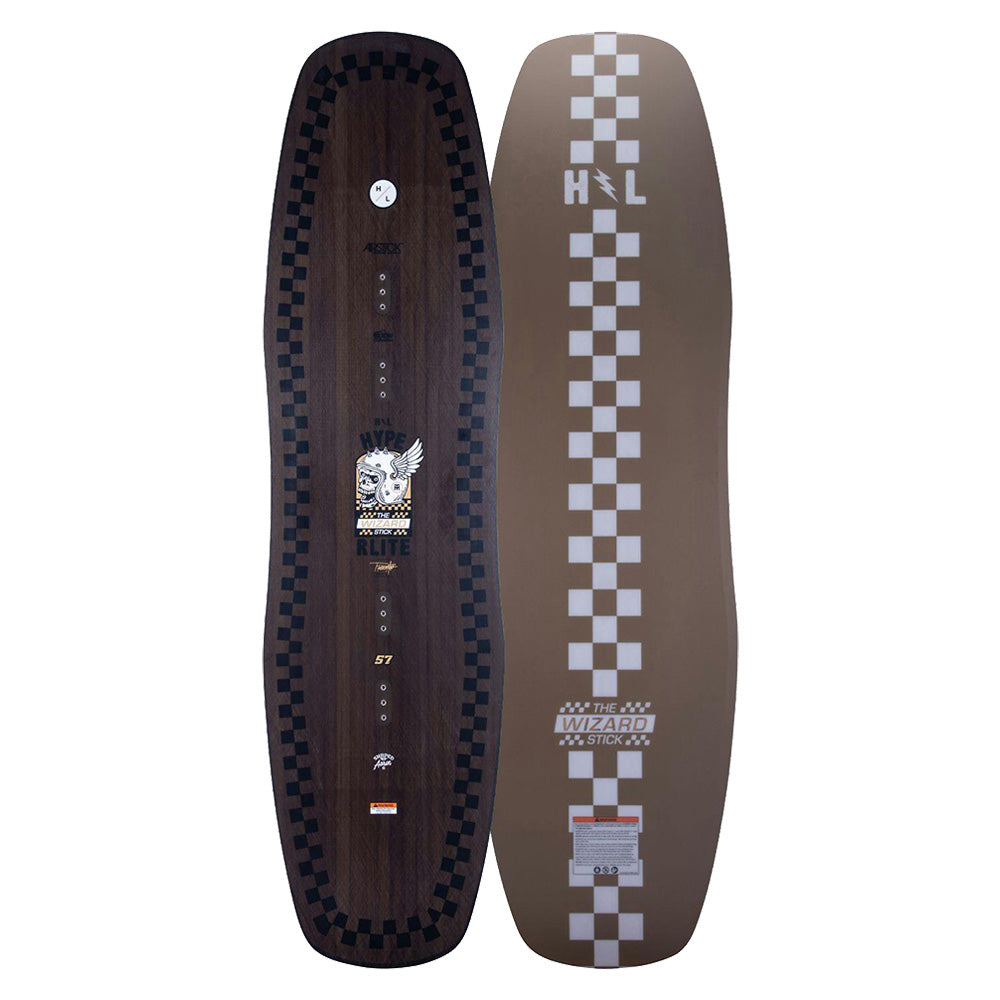 Two wakeboard decks with a checkered pattern: one featuring a wood finish and unique graphics, the other in gray with white checks and bold text. Perfect for any Hyperlite enthusiast or fans of Trever Maur's iconic style.