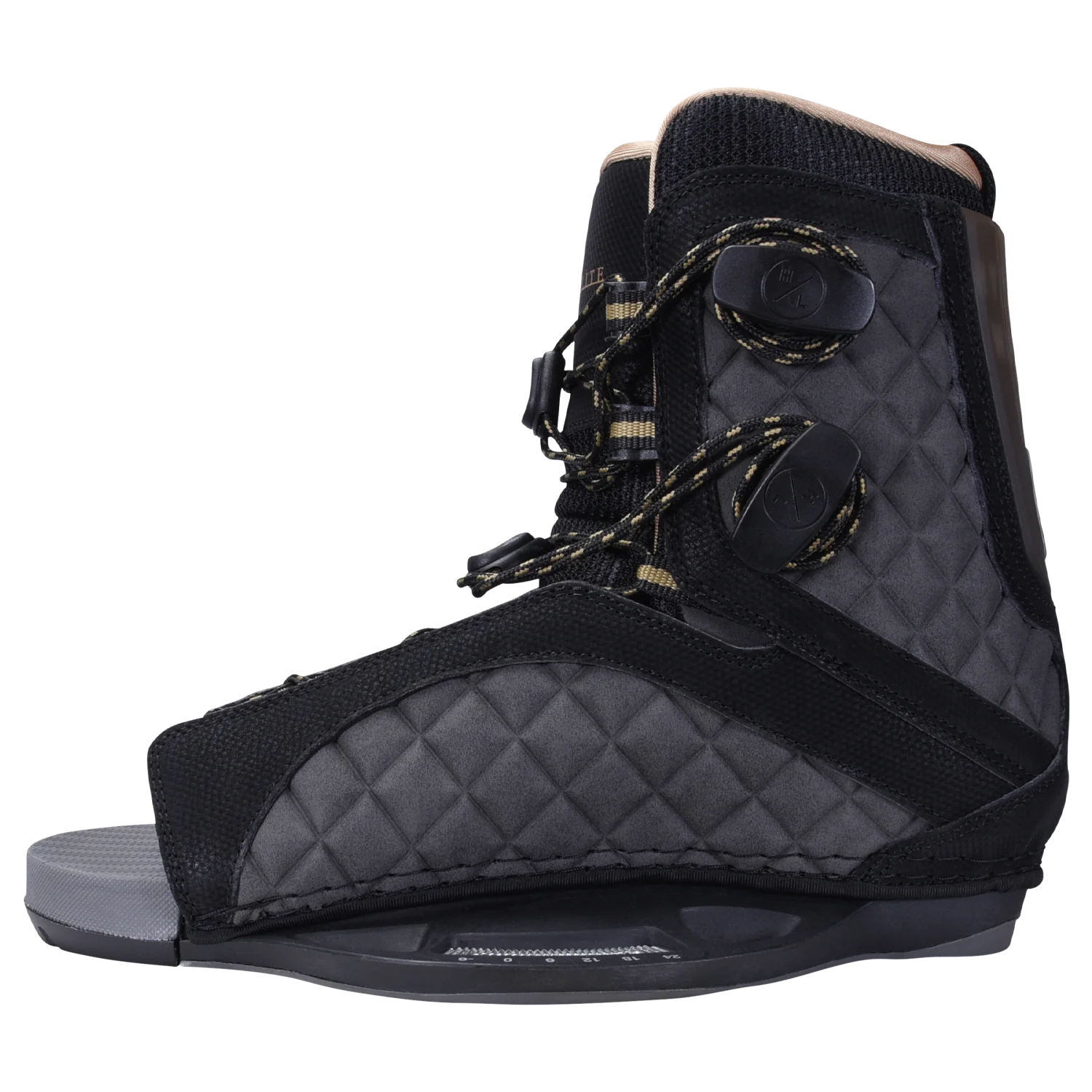 The Hyperlite 2025 Prizm Wakeboard with Syn Bindings is a black and gray boot designed with laces and a quilted side pattern.