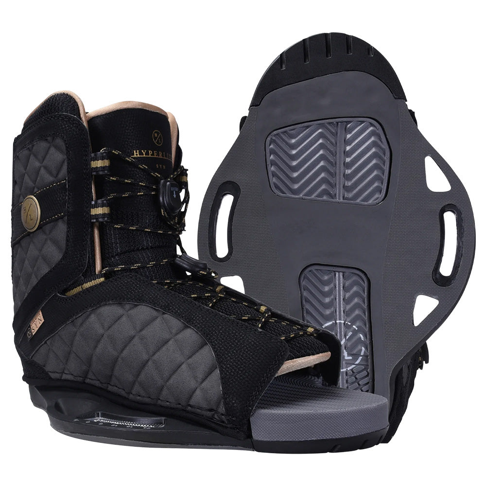 The Hyperlite 2025 Prizm Wakeboard features black and gray Syn Bindings, showcasing a textured design with adjustable laces, displayed from side and bottom perspectives. These bindings provide enhanced flexibility, making them ideal for any water adventure.