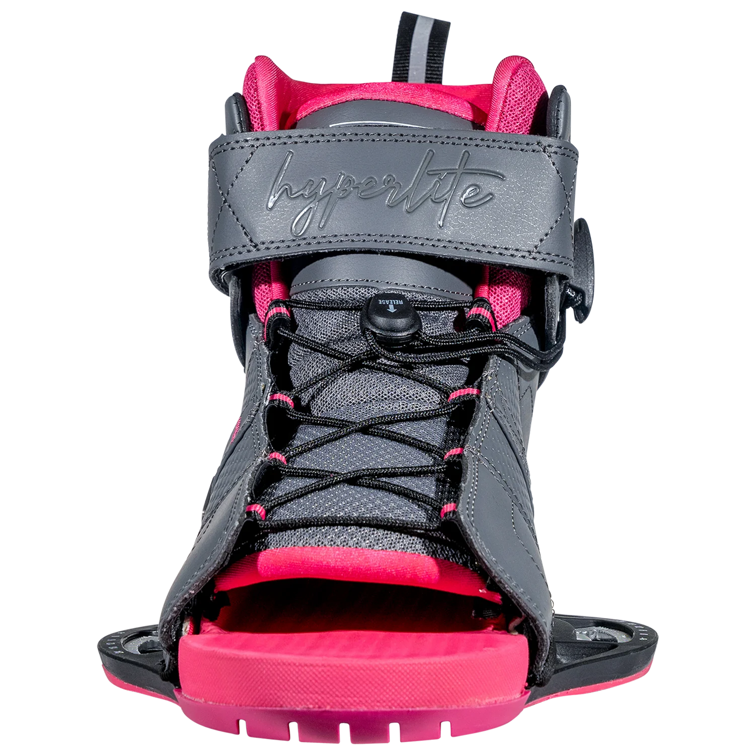 Close-up of a gray and pink Viva Binding with black laces and the Hyperlite logo on the top strap, designed to seamlessly connect with your 2025 Journey Wakeboard.