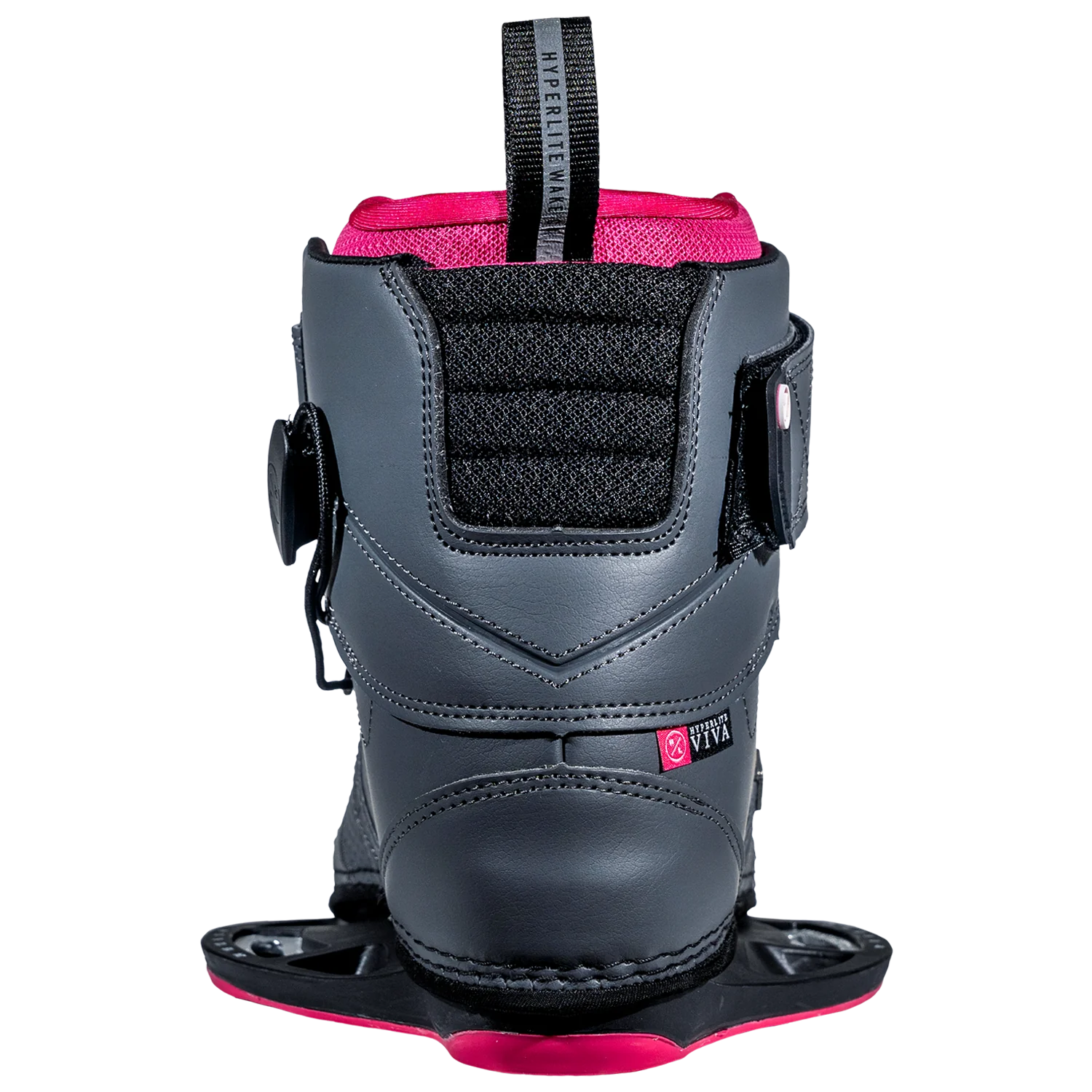 Close-up of a black and pink wakeboarding boot with adjustable straps, Journey Viva Bindings by Hyperlite, and a pull loop on top.