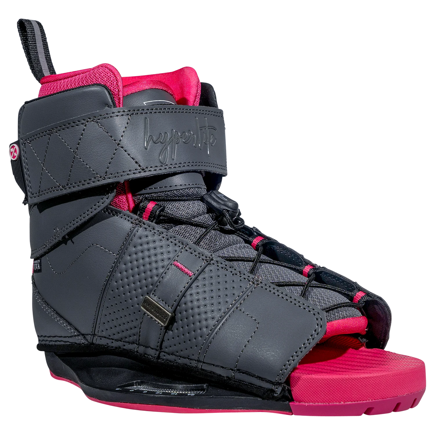 The gray and pink Viva bindings from the Hyperlite brand feature both lace-up and Velcro strap closures, making them a perfect match for the Hyperlite 2025 Journey Wakeboard.