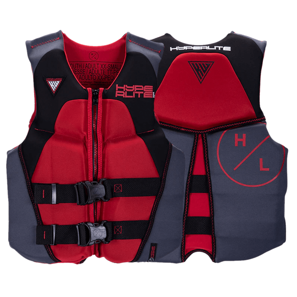 A red and black Hyperlite Boys Indy Vest - Junior Pro life-saving device.