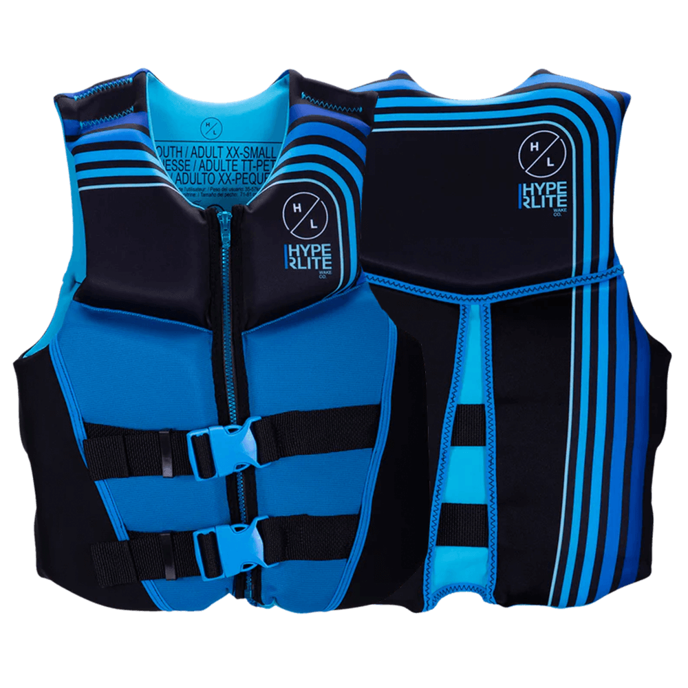 A Hyperlite Boys Indy Vest - Junior in blue and black, perfect for water safety.
