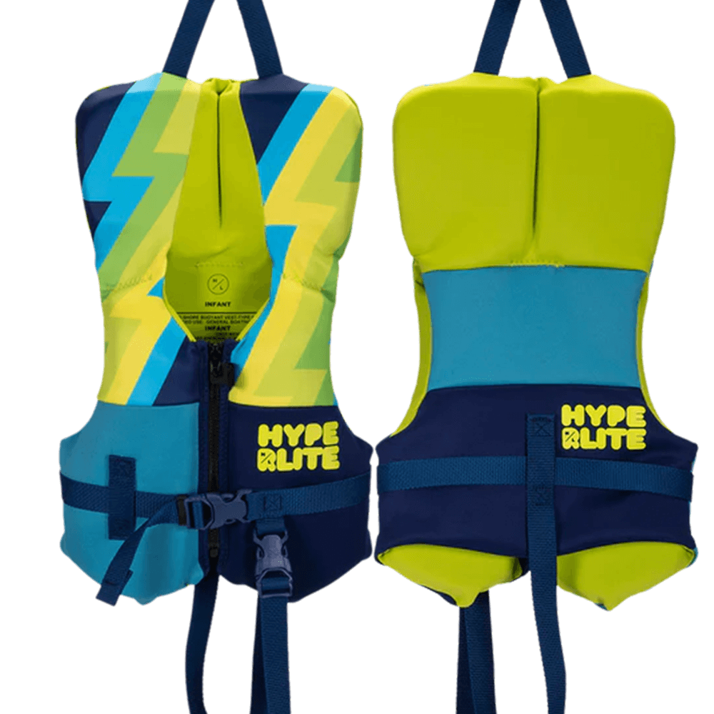 An eye-catching Hyperlite Boys Indy Vest - Toddler with lightning bolts, ensuring safety and water safety.