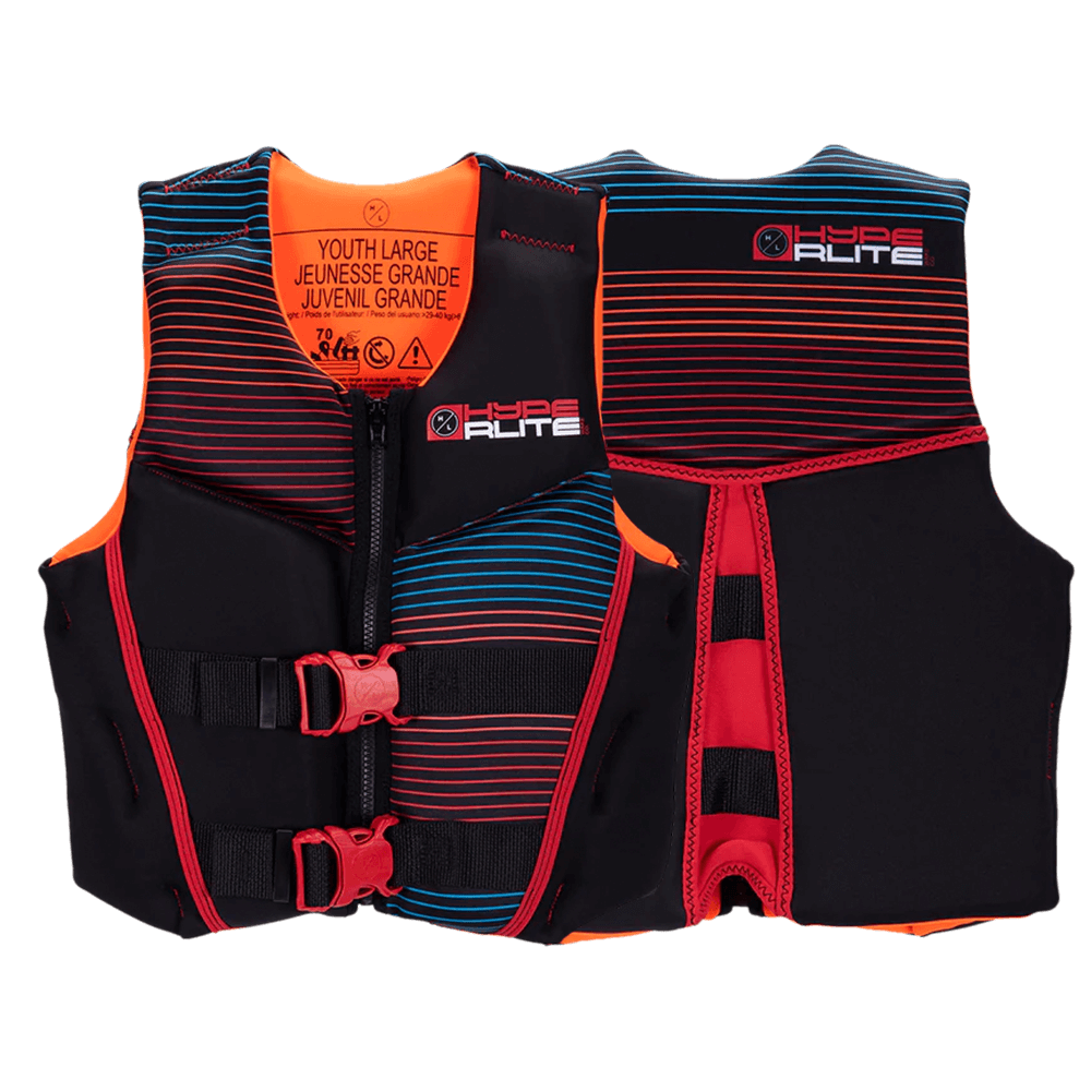 A Hyperlite Boys Indy Vest - Youth, with an orange and black stripe.