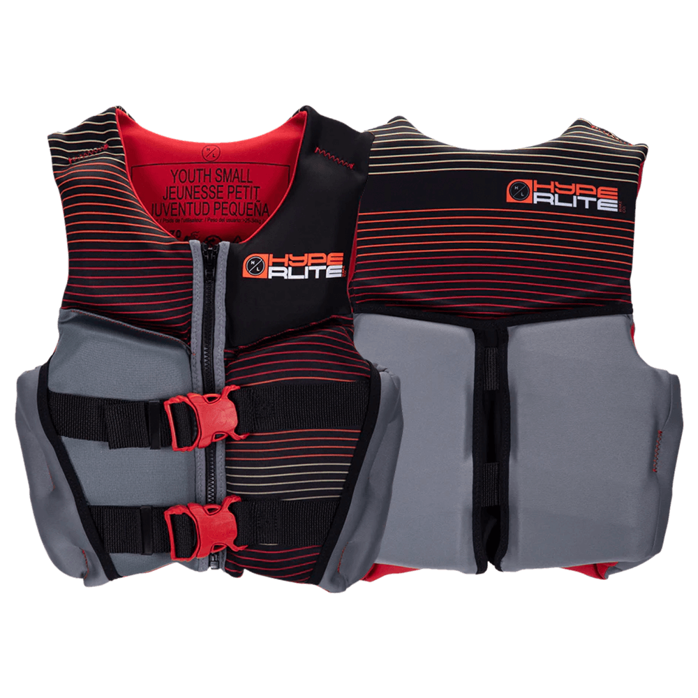 A Hyperlite Boys Indy Vest - Youth with a red and black stripe, ensuring safety on the water.