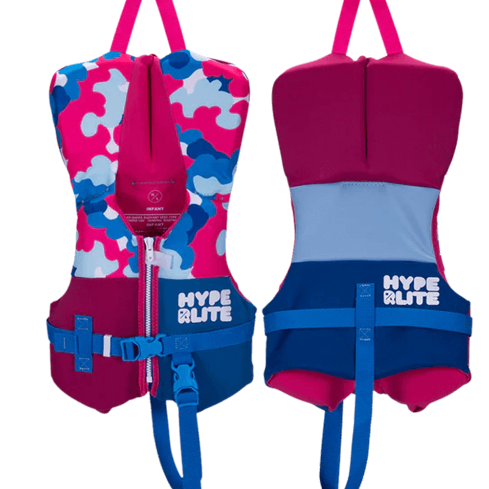 A Hyperlite Girls Indy Vest - Toddler, a US Coast Guard-approved life jacket with a pink and blue camouflage pattern, ensuring water safety.