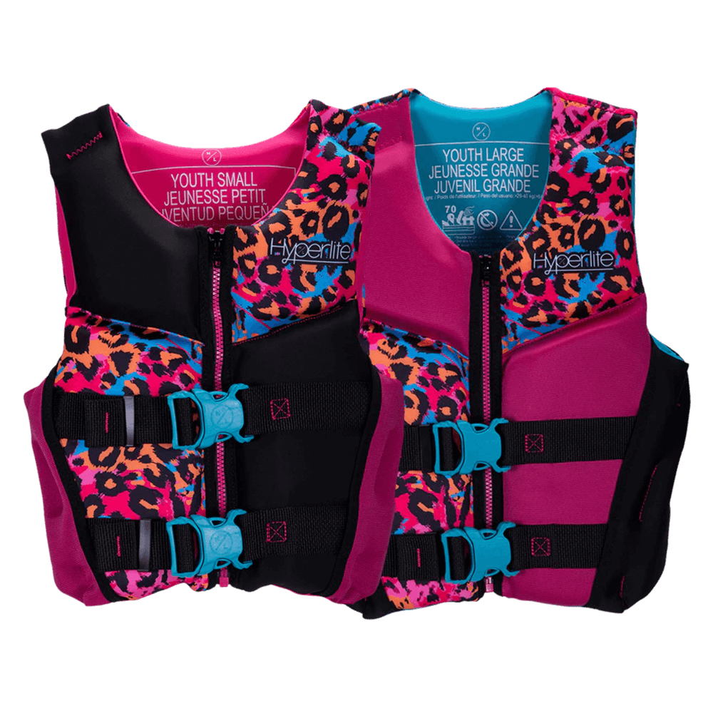 A pair of Hyperlite Girls Indy Vest - Youth life jackets, ensuring water safety.