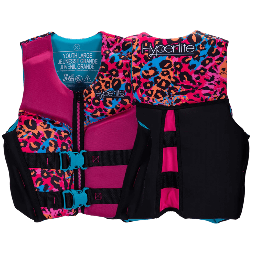 This Hyperlite women's pink and blue print life jacket prioritizes water safety with its Hyperlite Girls Indy Vest - Youth design.