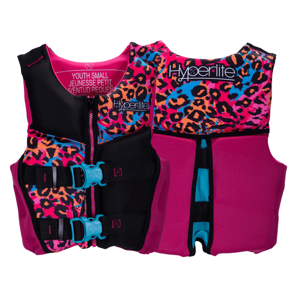 Introducing the Hyperlite Girls Indy Vest - Youth, a women's life jacket designed with water safety in mind. This vibrant life jacket features a captivating pink and blue print that not only enhances visibility but also ensures