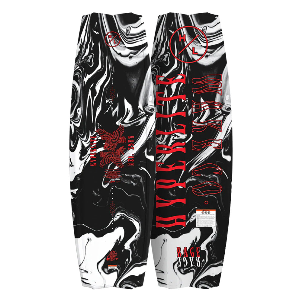 Hyperlite Rage wakeboard pictured front and back on a white background. White and black marbled graphic with red eagles mirrored front and center.