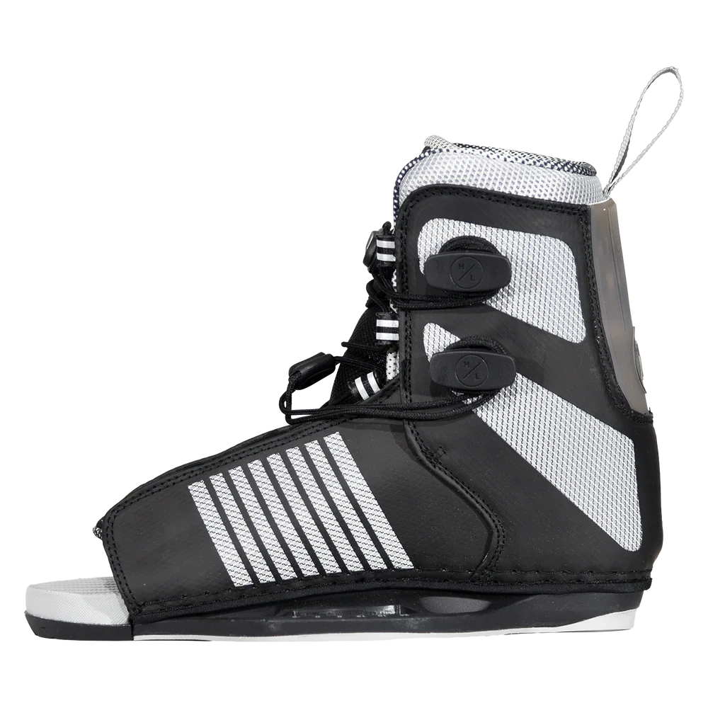 Black and white wakeboarding boot on a white background