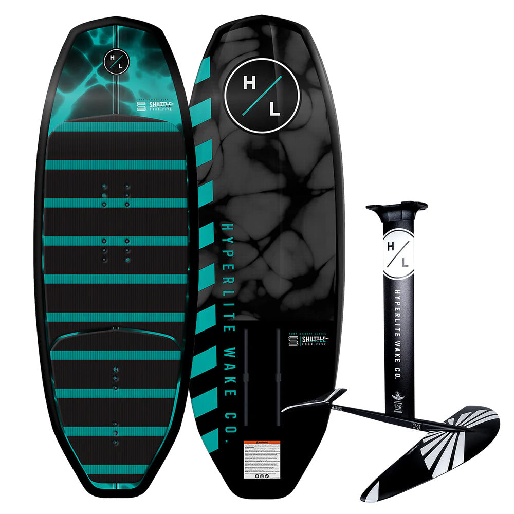 The Hyperlite Shuttle Foil Board | Falcon 1500 Foil Package 2026 is a black and turquoise striped beginner board shown from top and bottom views, paired with a detachable black and white foil mast and fin—ideal for new riders.
