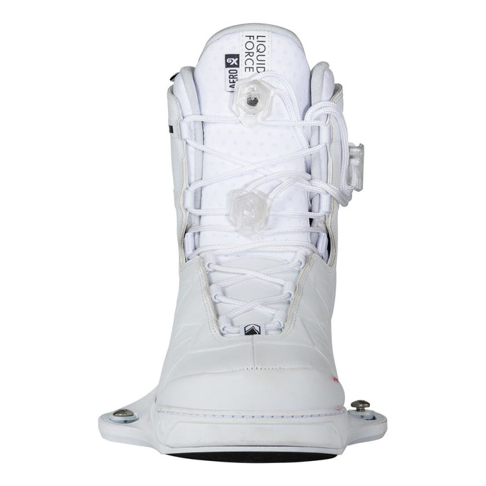 A pair of Liquid Force 2023 Unity Aero Wakeboard | Aero 6X Bindings (White) snowboard boots, featuring a lightweight performance and equipped with CNC'd AERO core technology, showcased on a white background.