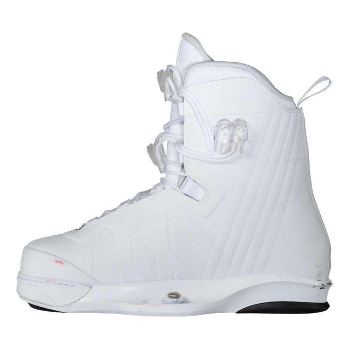 A Liquid Force 2023 Unity Aero Wakeboard | Aero 6X Bindings (White), a lightweight performance snowboard boot with a CNC'd AERO core, showcased on a black background.