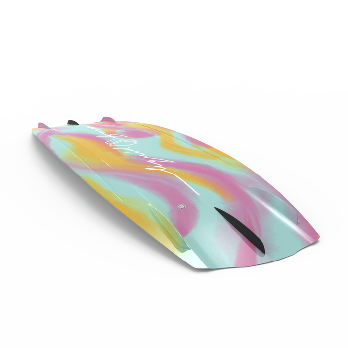 A colorful Liquid Force 2024 Angel Wakeboard with Plush 6R Bindings on a white surface, perfect for catching waves and showcasing vibrant designs.