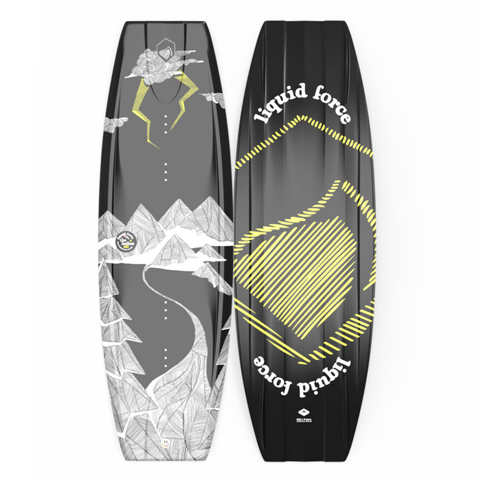 A black and yellow Liquid Force wakeboard featuring the design of the Liquid Force 2024 Bullox Wakeboard | Classic 6X Boots Pro Model.