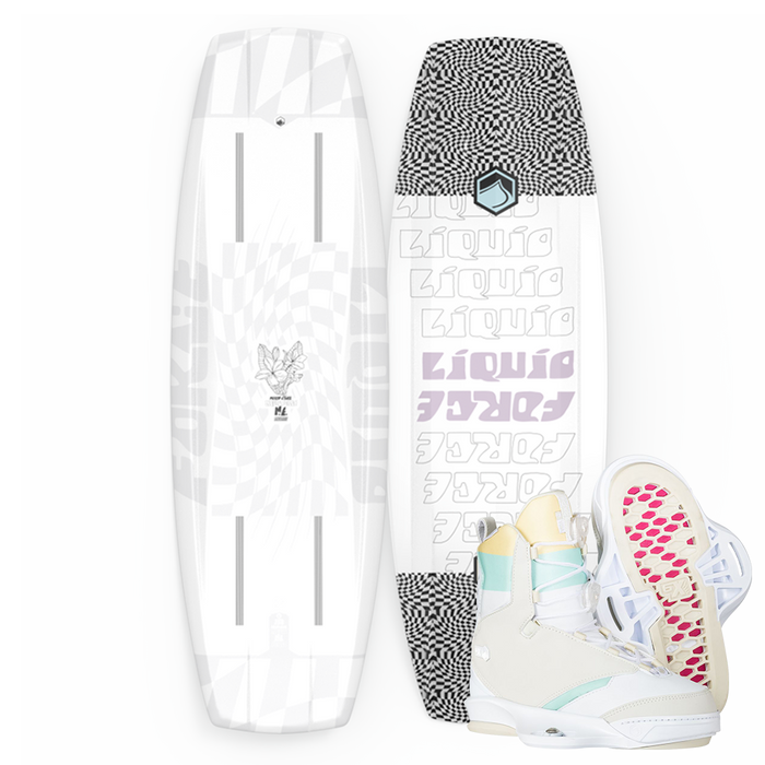 The Liquid Force 2023 M.E. Aero wakeboard, designed by Meagan Ethell, is a lightweight board that comes with a pair of Vida 6X bindings.