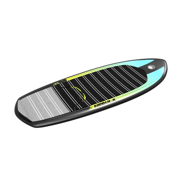 A Liquid Force 2024 Nebula | Carbon Horizon Surf 155 Foil Package paddle board on a black background in Nebula Foil Board design.