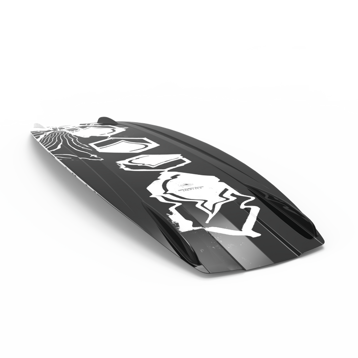 A black and white Liquid Force 2024 RDX Wakeboard with Transit 6R Bindings with a design on it.