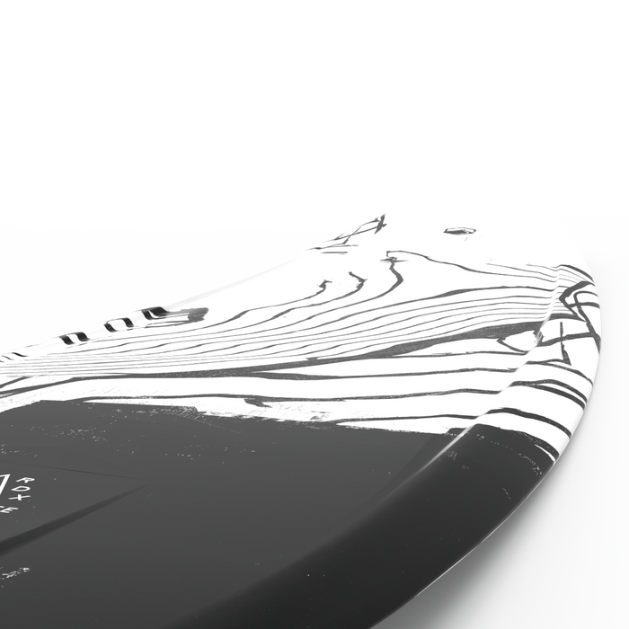 A black and white surfboard on a white surface, featuring the Liquid Force 2024 RDX Wakeboard.
