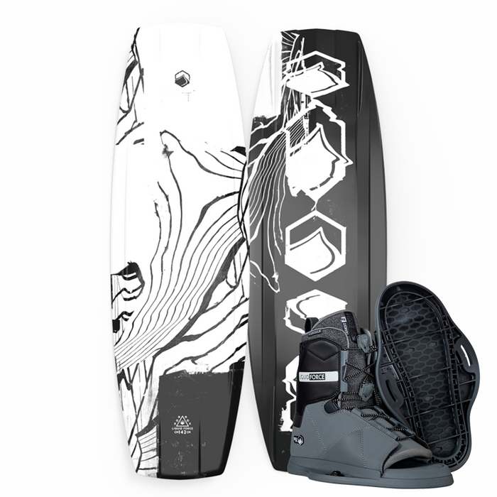 An SEO-optimized Liquid Force 2024 RDX Wakeboard accompanied by a pair of Liquid Force TRANSIT 6R boots.