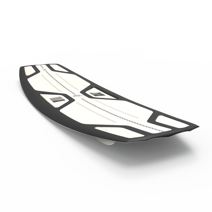 A Liquid Force 2023 Unity Aero Wakeboard with Aero 6X Bindings (White), a lightweight performance surfboard with a white and black design, is resting on a white surface.