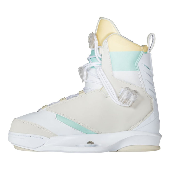 A Liquid Force women's white and mint snowboard boot.