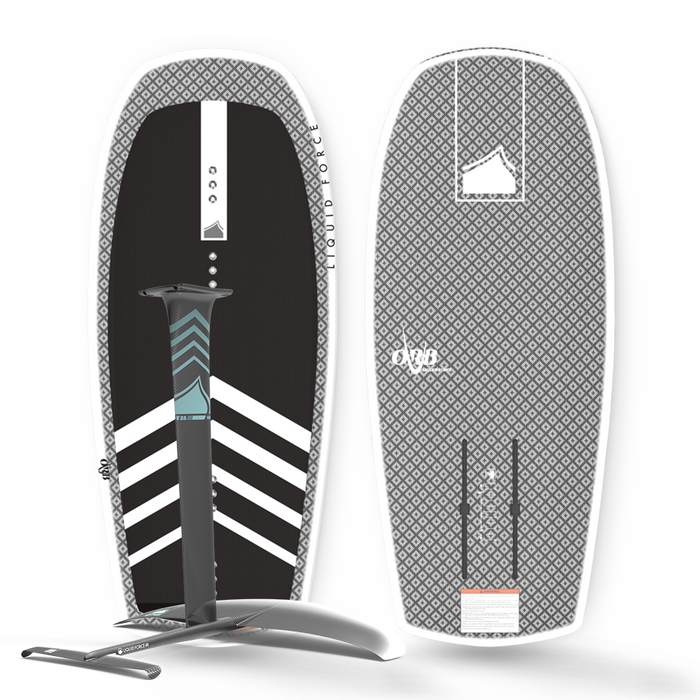 An Liquid Force Orb | Carbon Horizon Surf 155 Foil Package wakeboard with a black and white design.