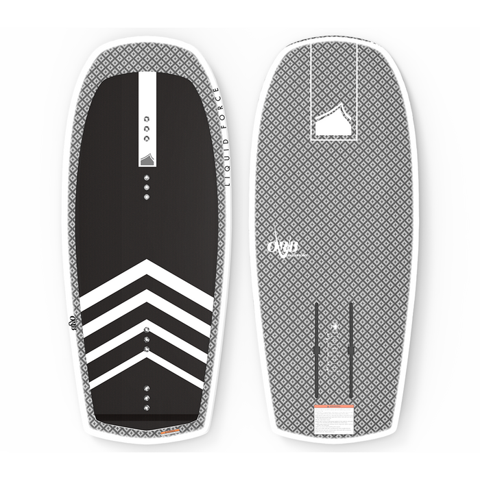 A Liquid Force wakeboard with a black and white design, made with carbon Innegra construction, called the Liquid Force Orb | Carbon Horizon Surf 120 Foil Package.