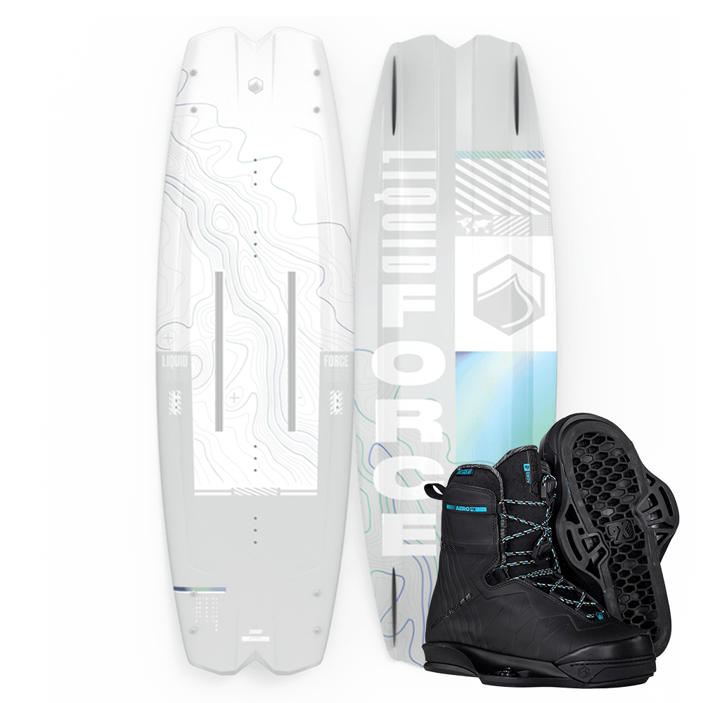 The Liquid Force 2023 Remedy Aero wakeboard, featuring lightweight construction and designed by Harley Clifford, comes with a pair of Liquid Force boots.