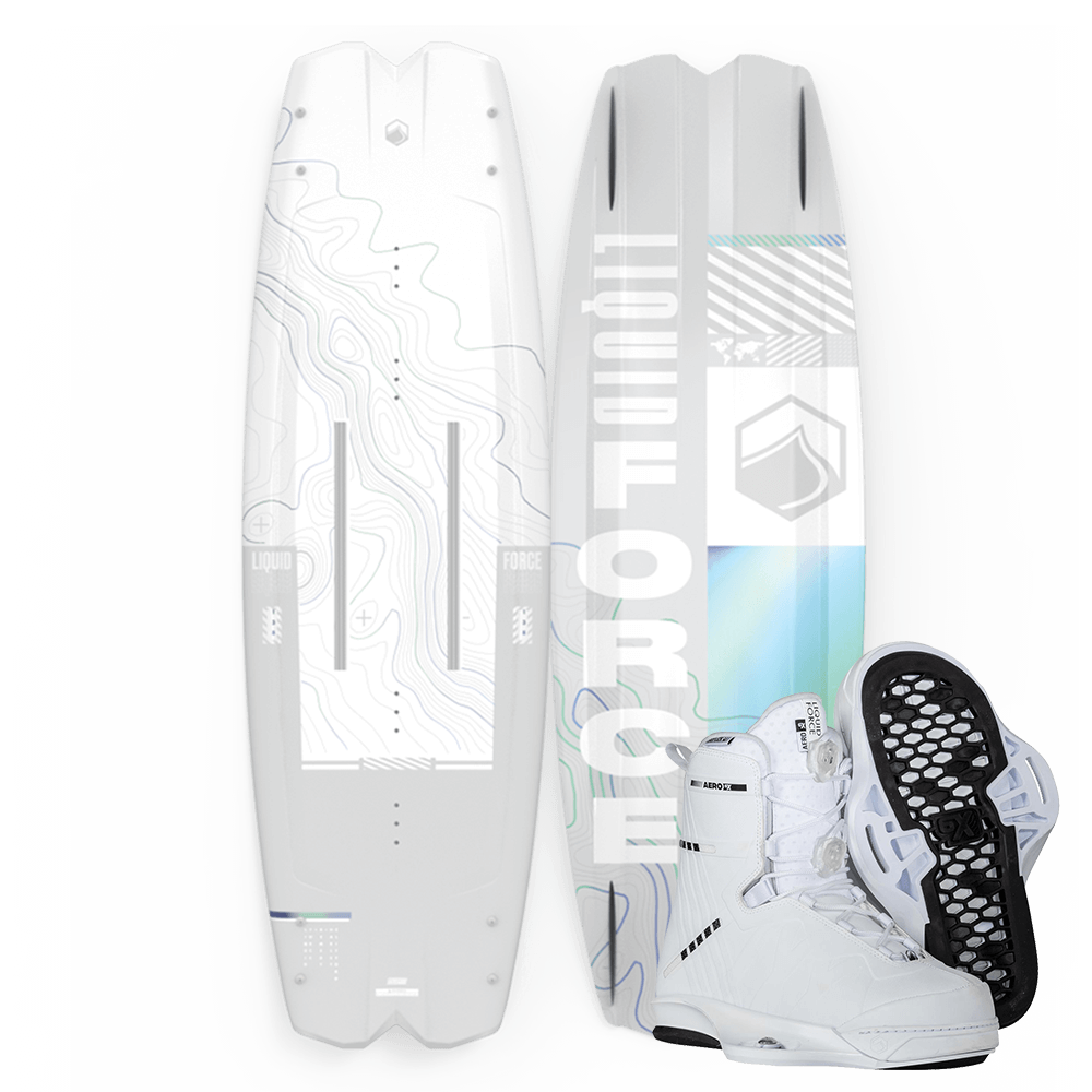 A white Liquid Force 2023 Remedy Aero wakeboard with a pair of Liquid Force REMEDY AERO boots and a lightweight package.