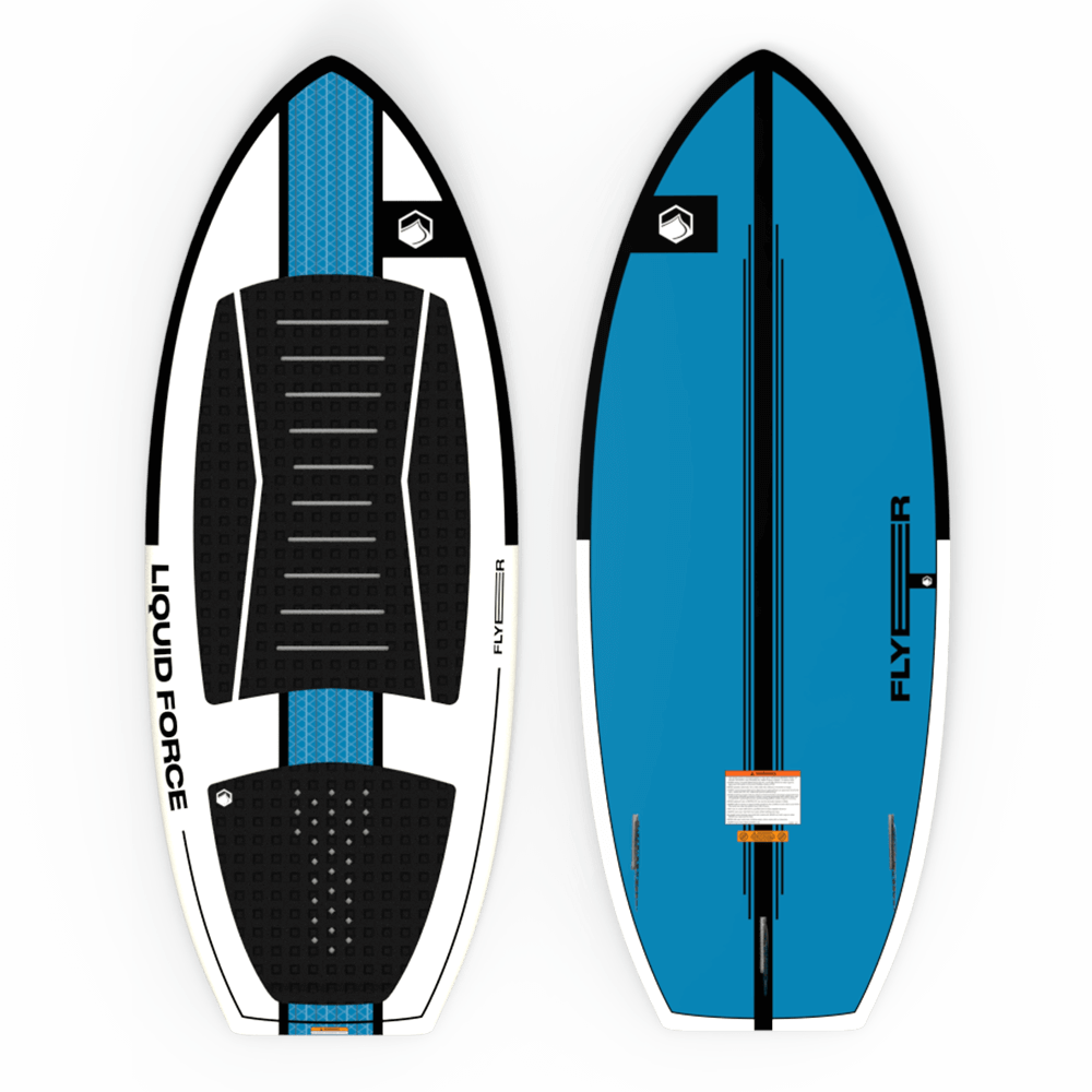 A Liquid Force 2024 Flyer Wakesurf Board (Pre-Order) with a blue and black design, perfect for those seeking speed and style on the water.
