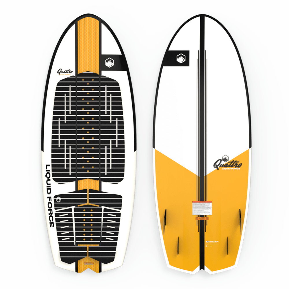 A Liquid Force 2024 Quattro Wakesurf Board (Pre-Order) with a surf-style shape on a white background.