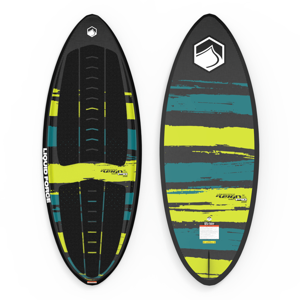 A Liquid Force 2024 Reign Pro Wakesurf Board (Pre-Order), a black and yellow surfboard with a yellow stripe, featuring a Full Carbon Layup for maximum performance.