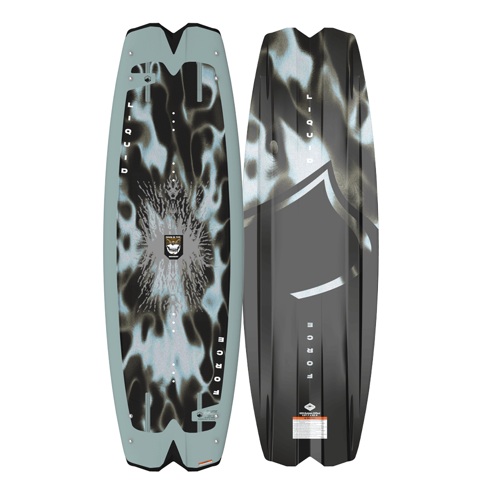 A Liquid Force 2024 Remedy Aero Wakeboard (Pre-Order), designed by Harley Clifford specifically for Remedy riding style, with a black and grey camouflage pattern.